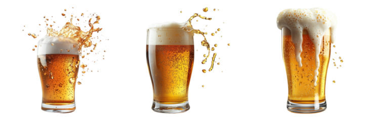 Refreshing Beer Glasses with Foam and Splashes Isolated on transparent background png