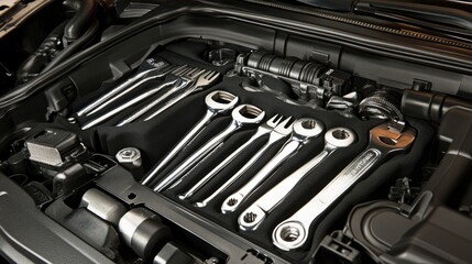 Fototapeta premium Sleek Collection of Chrome Automotive Tools Laid Out in Engine Bay