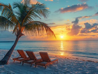 Tropical sunset with two sun beds and a palm tree on the sandy beach - AI