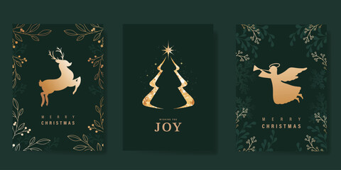 Fototapeta premium Merry Christmas and Happy New Year greeting card vector set. Luxury invitation with Christmas tree, leaf, reindeer, angel, spot texture on green background. Design illustration for season's card, ads.