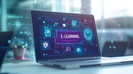 A laptop with icons and text "E-LEARNING" on the screen, surrounded by digital elements representing online learning tools