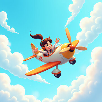 Digital illustration of a young girl flying a small airplane, with her arms outstretched and smiling broadly.