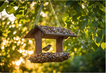 wooden birdhouse illuminated with golden light in a serene forest