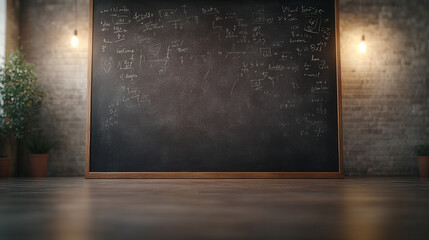 Chalkboard filled with complex equations in a study room during evening study session