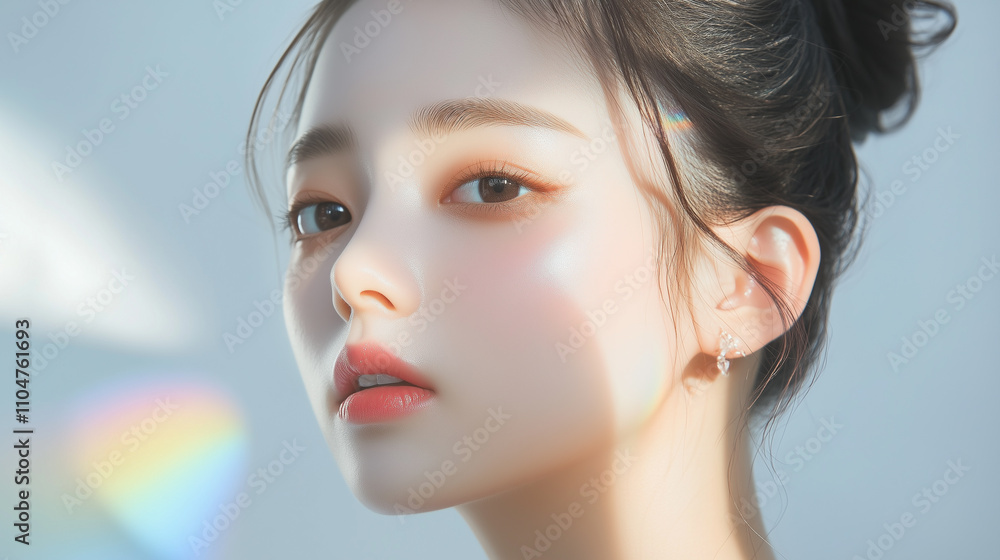Poster 若くて綺麗なアジア人女性モデルの顔のアップ。ファッションや美容広告の撮影。