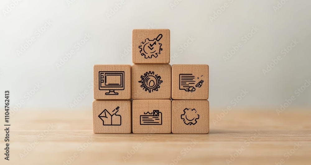 Poster data analytics and ai visualization with wooden blocks for business decision making