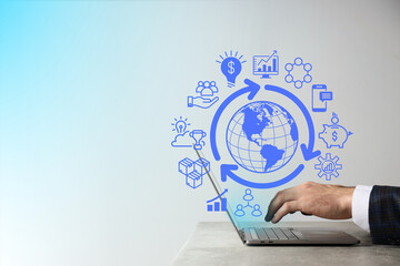 Goals 2025, the planet in the hands of a man, on a dark background.