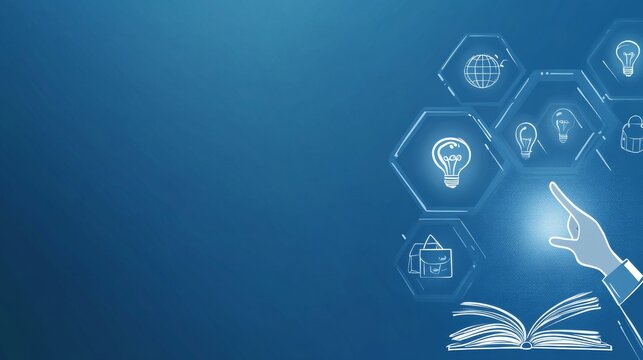 Open book with e-learning icons