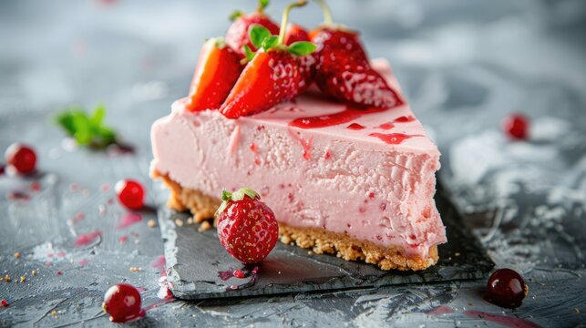 Handmade frozen strawberry cheesecake slice with raw fruit on gray background