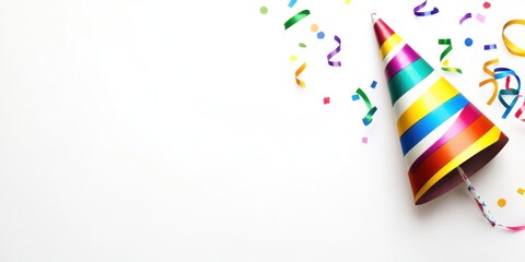 Colorful party hat with confetti on white background.