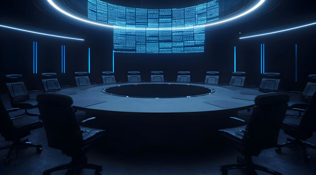A modern, high-tech conference room featuring a circular table, black chairs, and illuminated screens, creating a futuristic atmosphere.