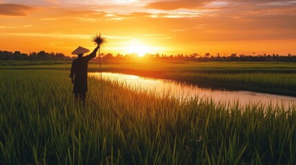 Fototapeta premium Farmer Holding Tool Against Sunset in Lush Rice Field Landscape