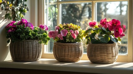 Obraz premium Bright Indoor Flower Pots on Sunlit Windowsill with Soft Shadows