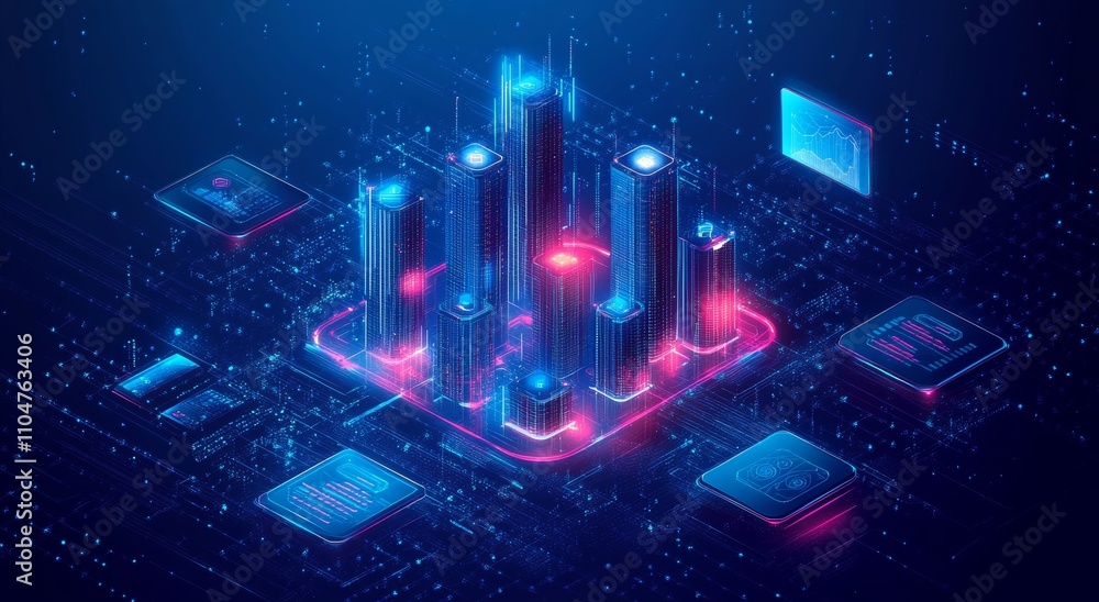 Poster futuristic digital cityscape with interactive technology interfaces