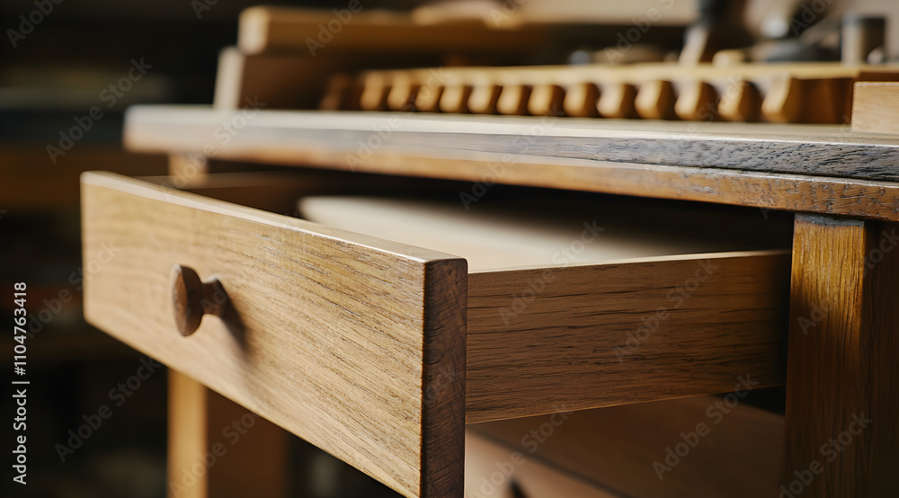 Aufkleber a close-up of a wooden desk drawer partially opened, showcasing its smooth surface and minimalist de