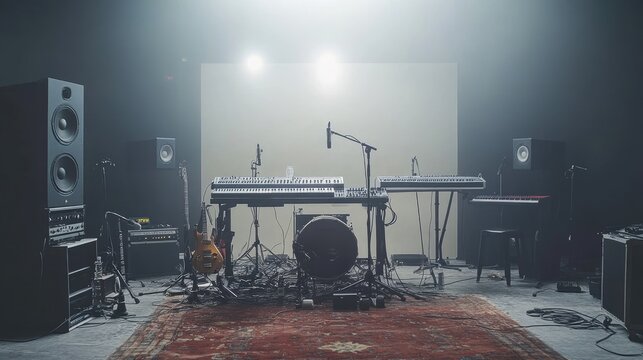 Empty Music Studio Setup with Instruments and Equipment in Fog