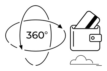 360-degree rotation arrows around text next to wallet with credit card. Ideal for fintech, banking, investment, budgeting, digital wallets, e-commerce, personal finance. Line metaphor