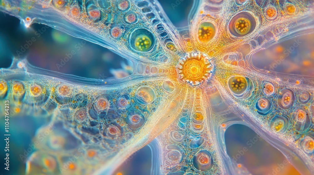 Poster a vibrant microscopic view of a diatom, showcasing intricate patterns and colors.