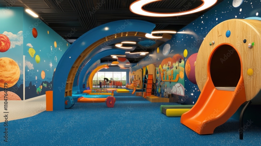 Poster colorful indoor playground with slides and climbing structures for children's recreation.