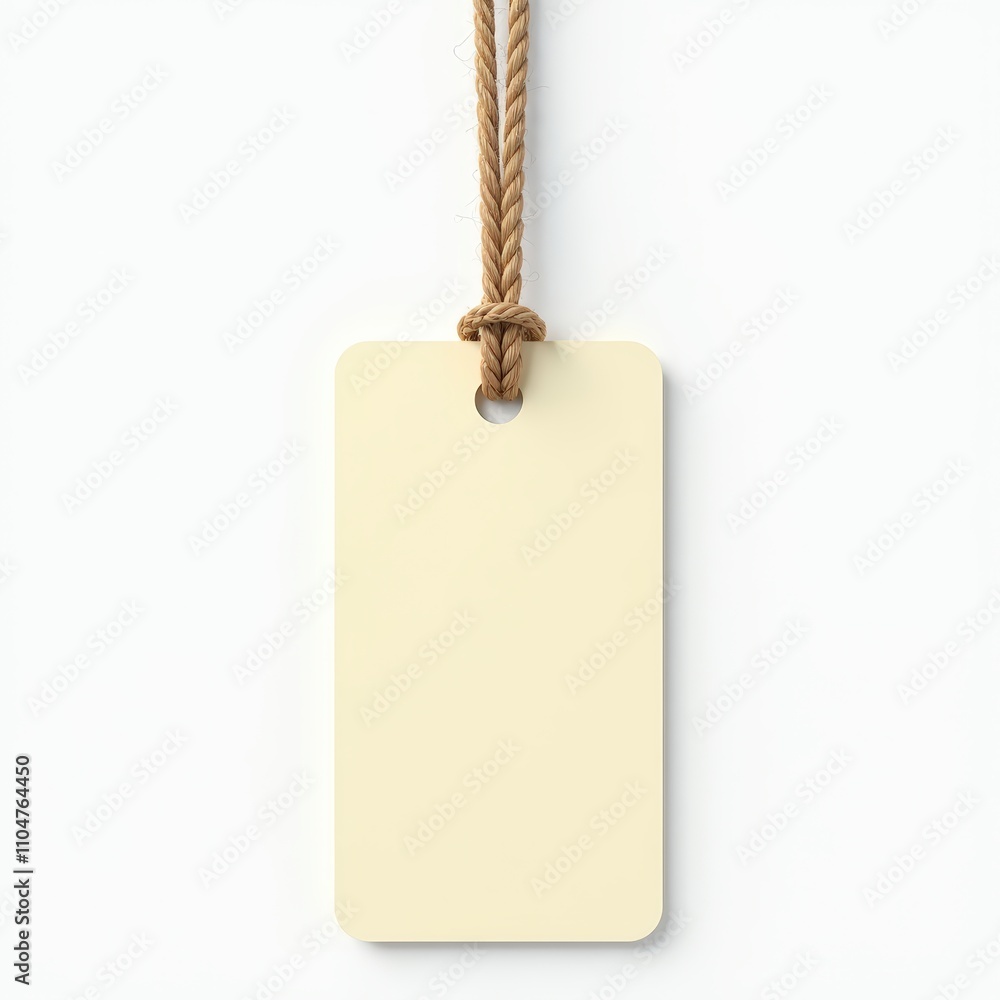 Poster a blank off-white rectangular tag with a braided brown string against a plain backdrop.