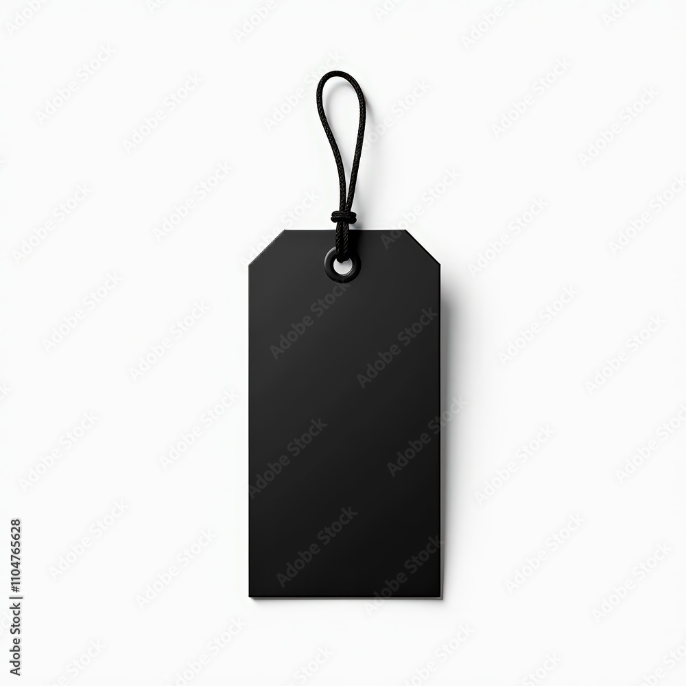 Poster minimalistic black tag with a string on a bright white background, highlighting simplicity and elega