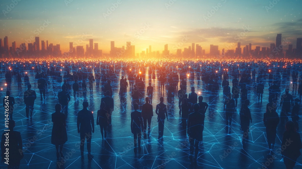 Poster vibrant crowd of people interconnected by glowing lines symbolizing global connectivity, digital net