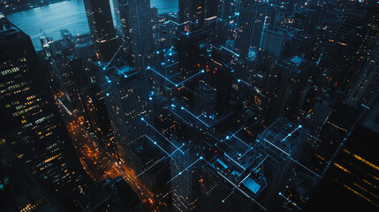 Fototapeta premium Smart digital city with connection cyber security network reciprocity over the twilight cityscape.future wireless digital city and social media networking systems that connects people within the city 