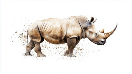 Fototapeta premium Majestic Rhino Watercolor: A powerful and serene watercolor painting of a white rhinoceros, captured in exquisite detail against a subtle splash background.
