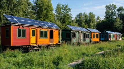 Fototapeta premium Colorful solar-powered tiny homes in a lush green landscape.