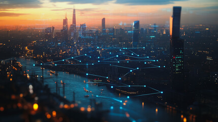 Naklejka premium Smart digital city with connection cyber security network reciprocity over the twilight cityscape.future wireless digital city and social media networking systems that connects people within the city 