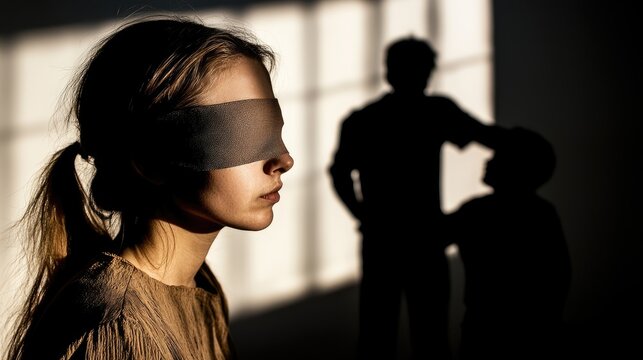Emotional repression: blindfolded mother symbolizing denial, silence toward domestic violence, reflecting emotional toll of unspoken abuse, hidden suffering inflicted on child within family.