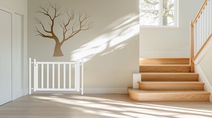 White safety gate at the bottom of wooden stairs in a bright hallway.