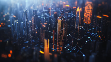 Smart digital city with connection cyber security network reciprocity over the twilight cityscape.future wireless digital city and social media networking systems that connects people within the city
