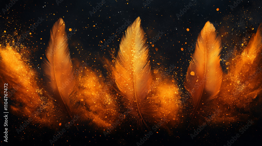 Wall mural elegant gold feathers stand out against dramatic black background, creating striking visual contrast