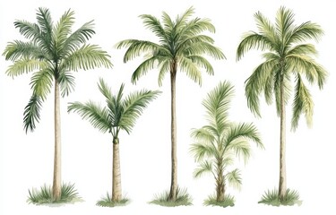 Watercolor illustration of tropical palm trees green fronds white background lush exotic plants vintage coconut banana