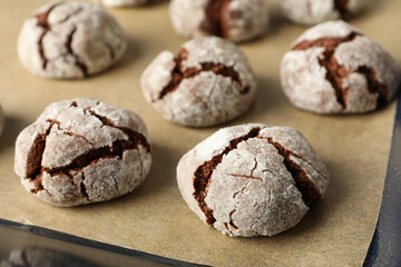 Appetizing crinkle cookies, on parchment, on a dark background.