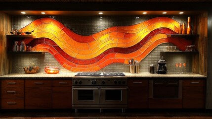 Modern Kitchen with Colorful Wave Tile Backsplash and Appliances