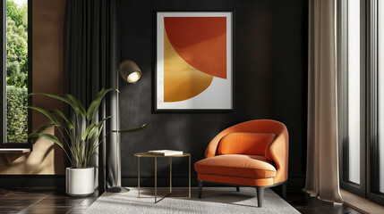 Modern living room with an orange armchair and abstract painting.