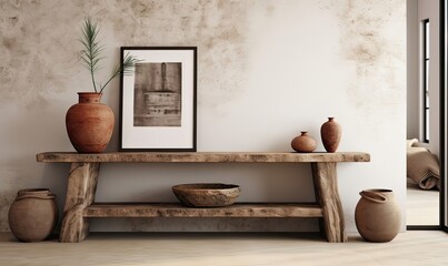 Modern console table with artistic decor elements, creating a balanced 