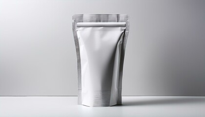 Blank white stand-up pouch on a light gray background.  Perfect for branding and packaging design.