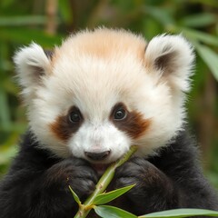 Here are a few options for your stock photo description, all under 200 characters:

**Option 1 (Focus on cuteness):**

> Adorable red panda cub enjoying a bamboo snack
