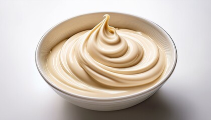 Creamy, swirled frosting in a white bowl. Perfect for cakes and desserts.