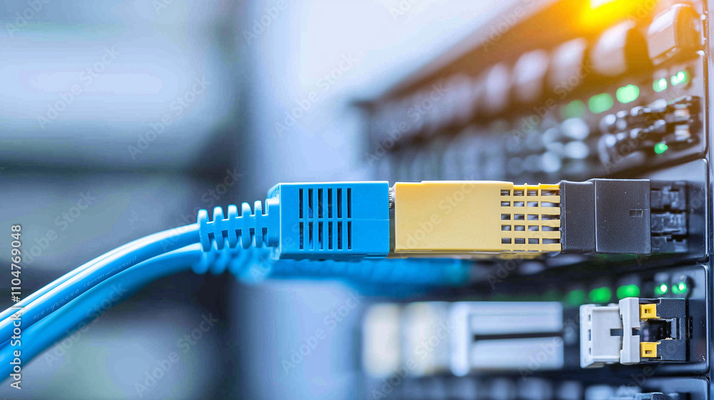 Poster network connection: close-up of a blue ethernet cable plugged into a server, symbolizing the vital c