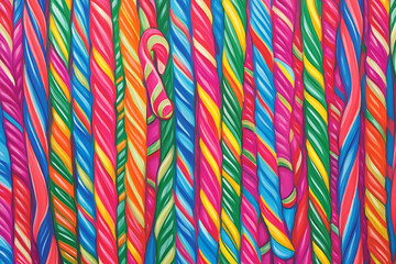 Close-up of colorful candy canes arranged in a festive pattern, ideal for holiday backgrounds and designs