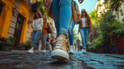 Walking down vibrant street, people wear casual outfits and stylish sneakers, creating lively urban atmosphere
