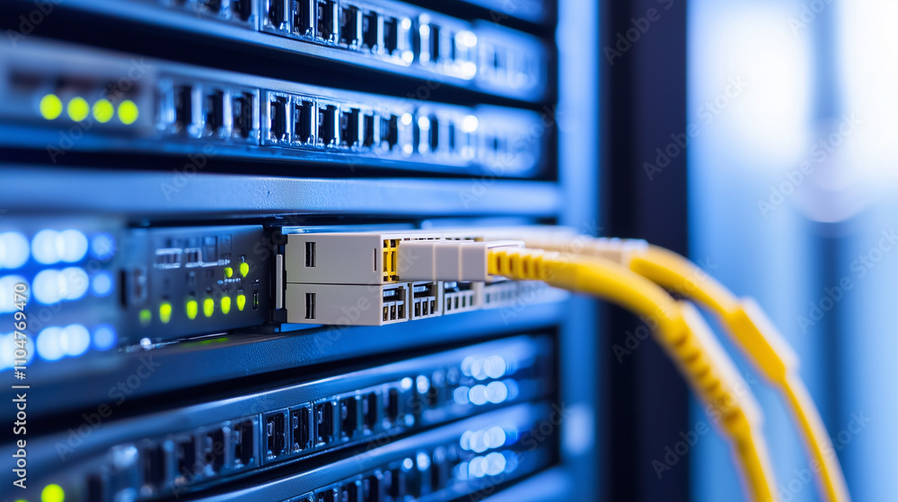 Poster data center connectivity: high-speed fiber optic cables connect to a server rack, showcasing advance