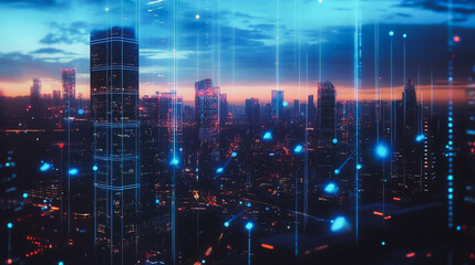 Obraz premium Smart digital city with connection cyber security network reciprocity over the twilight cityscape.future wireless digital city and social media networking systems that connects people within the city 
