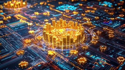 Obraz premium Golden Conceptual Design of Digital Cityscape