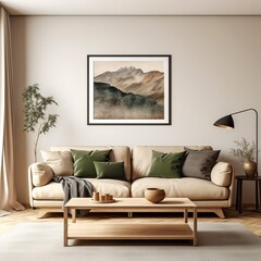 tylish living room with neutral tones, featuring a cozy sofa, olive green pillows, and an artistic