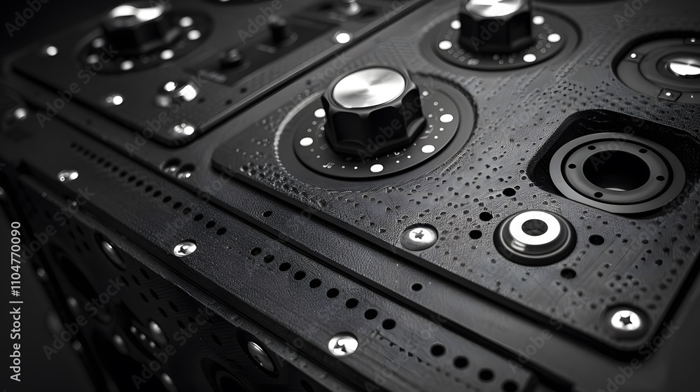 Poster close-up of a complex black metallic device with various knobs and components.